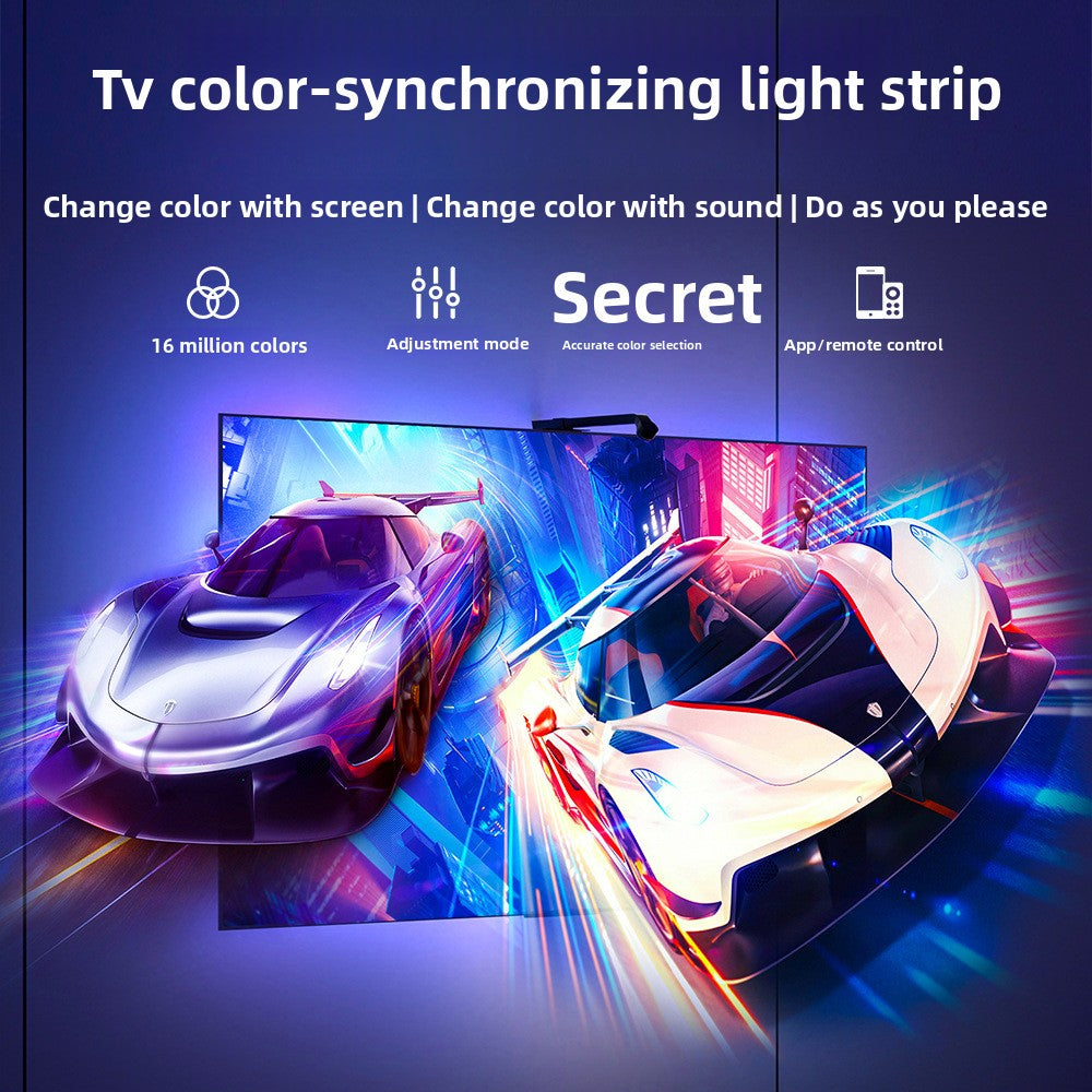 TV color-synchronizing light strip with two racing cars on a screen, featuring text and icons about product features.